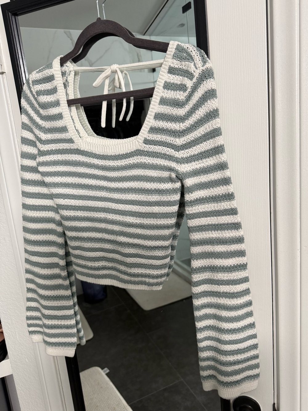 Hollister Sage and Cream Striped Square-Neck Sweater